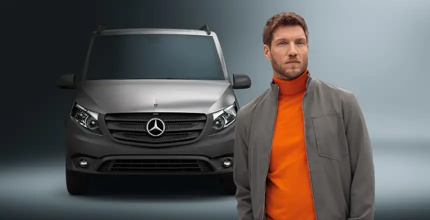 sixt transporter mieten, mercedes benz und mann mit pullover orange