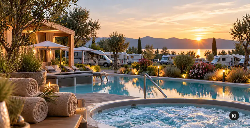 Pool und Whirlpool auf einem Wellness Campingplatz mit gerollten Handtüchern im Vordergrund und Wohnmobilen im Hintergrund