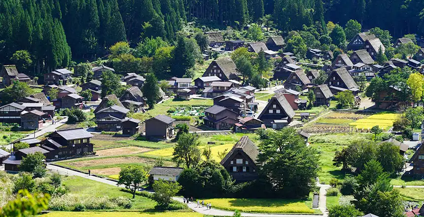 Traditionelle Bauernh&auml;user mit steilen Strohd&auml;chern im historischen Dorf Ōgimachi in Shirakawa-gō, Japan.