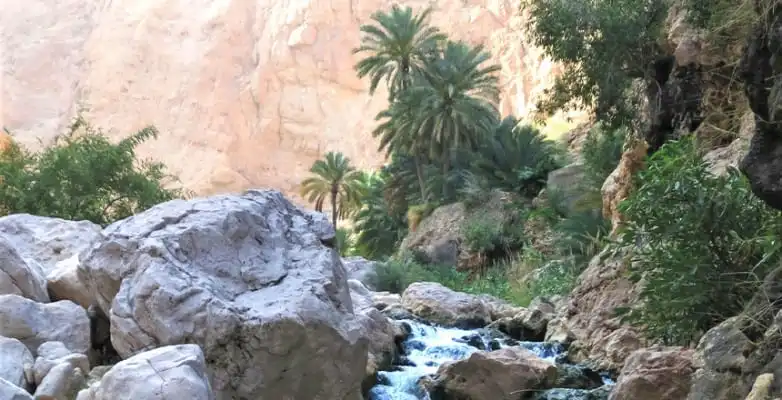 Felsen und Wasserfall in Wadi Shab, Oman