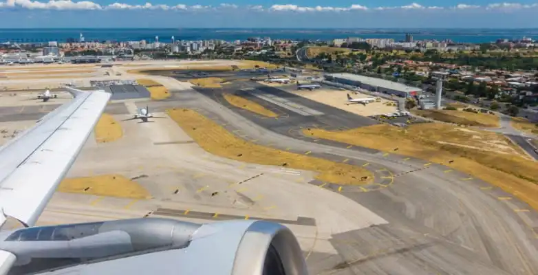 Abflug vom Flughafen Lissabon mit Blick auf die Küste
