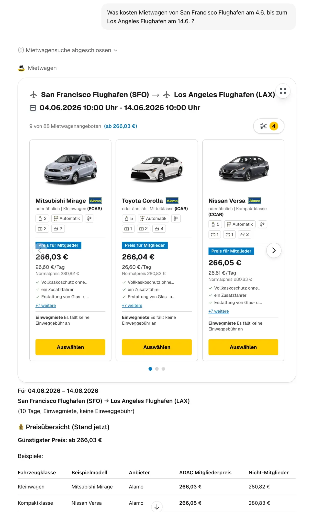 ADAC ChatGPT App, Mietwagen Suche, was kostet auto mieten