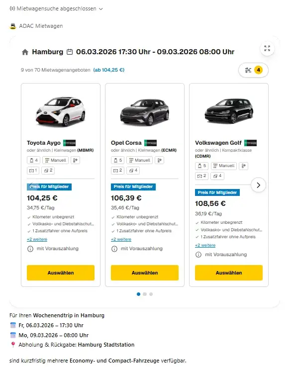 ADAC ChatGPT App, Mietwagen Suche, Auto mieten spontan für das kommende Wochenende
