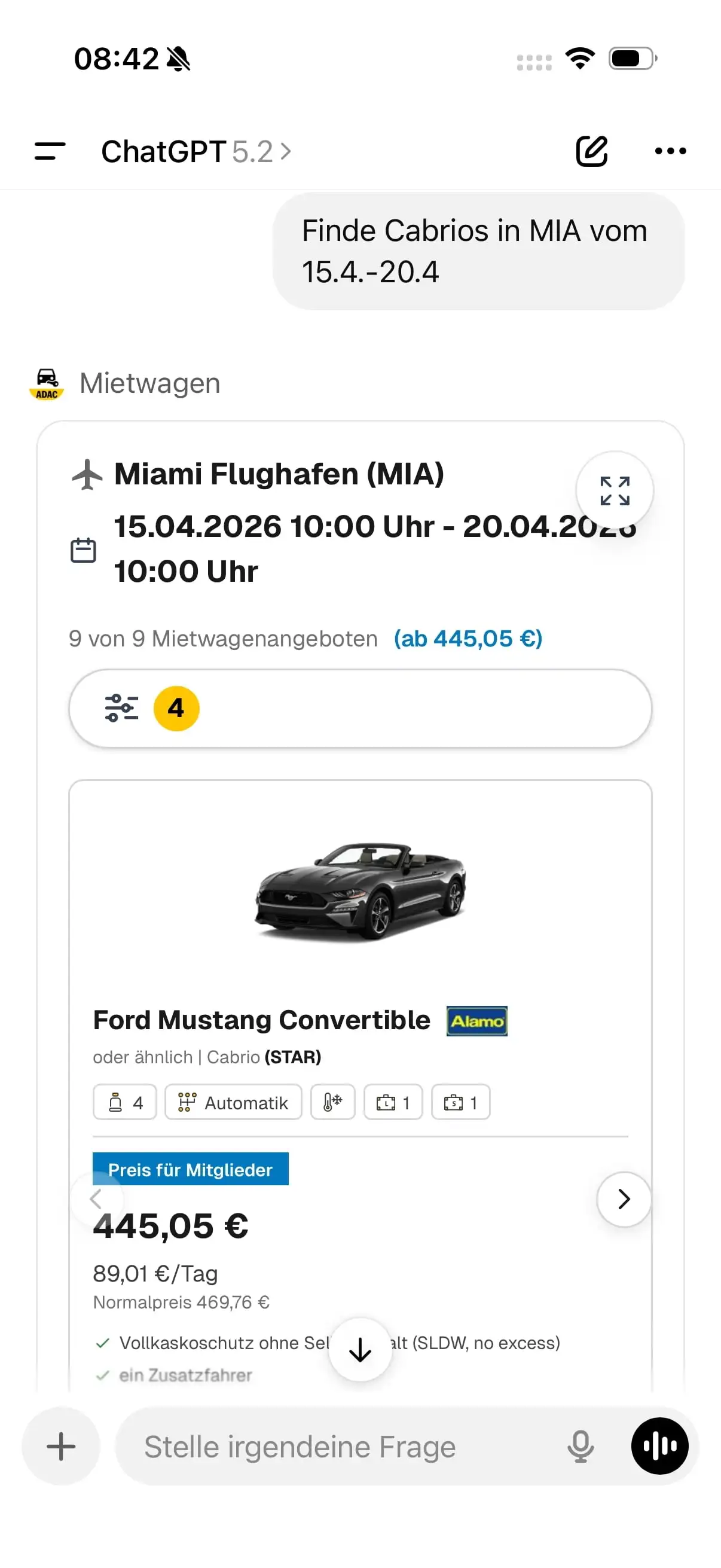 ADAC ChatGPT App, Mietwagen Suche, Smartphone optimiert