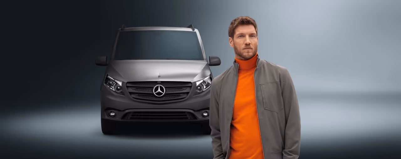 sixt transporter mieten, mercedes benz und mann mit pullover orange