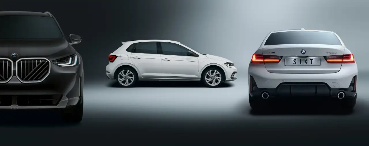 sixt premium mietwagen, 3 fahrzeuge ansichten front seite heck