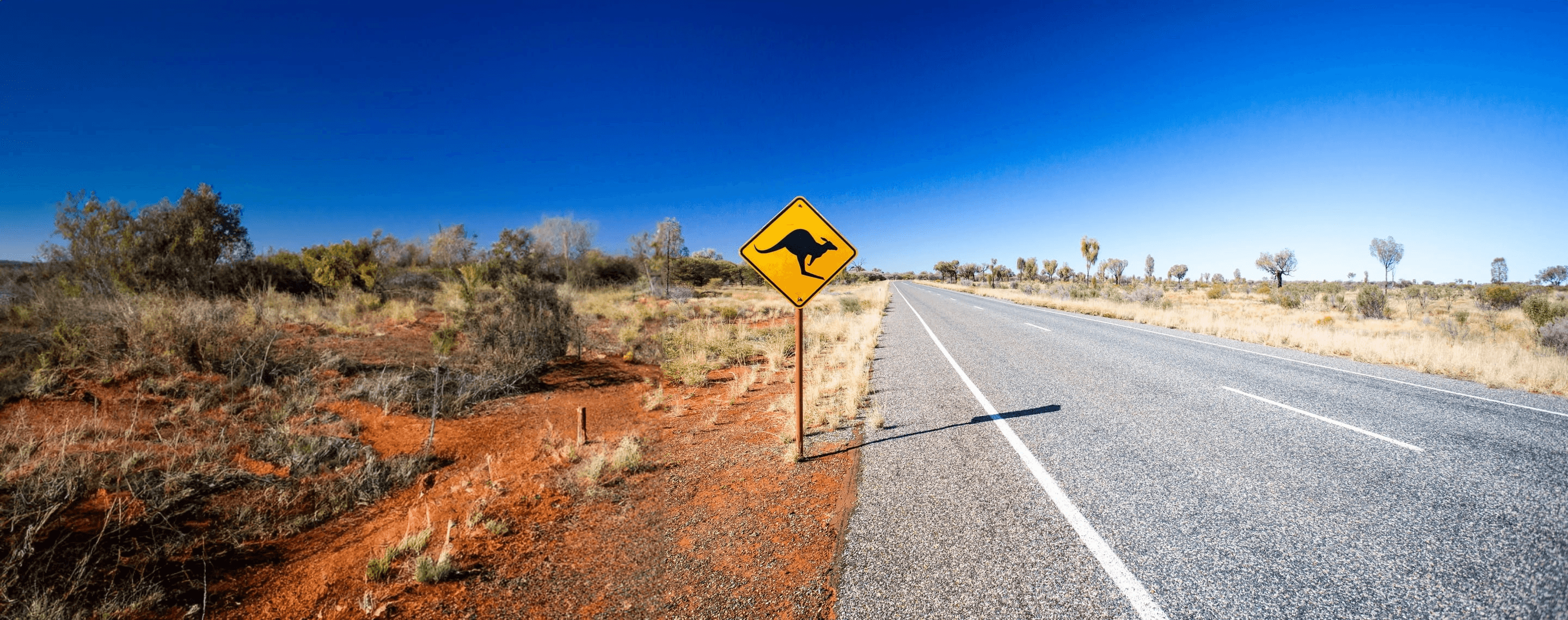 Straße in Australien mit Schild Achtung Känguru
