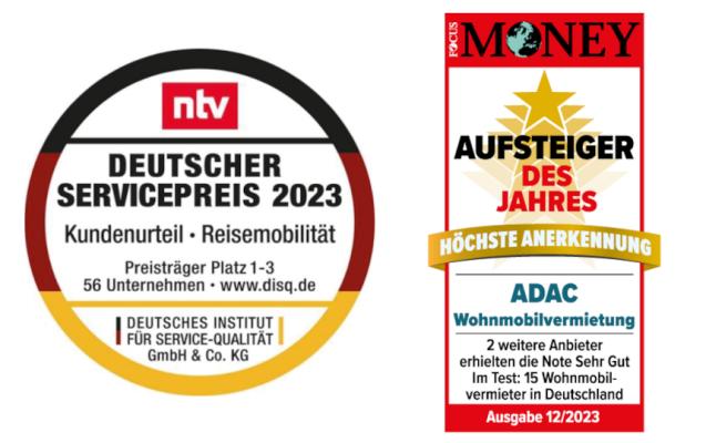 Auszeichnungen der ADAC Wohnmobilvermietung mit dem Deutschen Servicepreis und Aufsteiger des Jahres