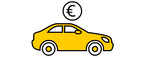 icon, clipart, gelber pkw, münze mit euro zeichen