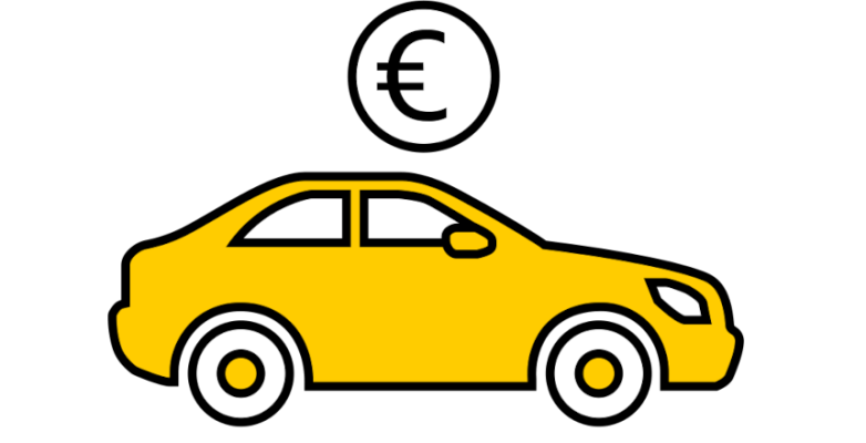 icon, clipart, gelber pkw, münze mit euro zeichen
